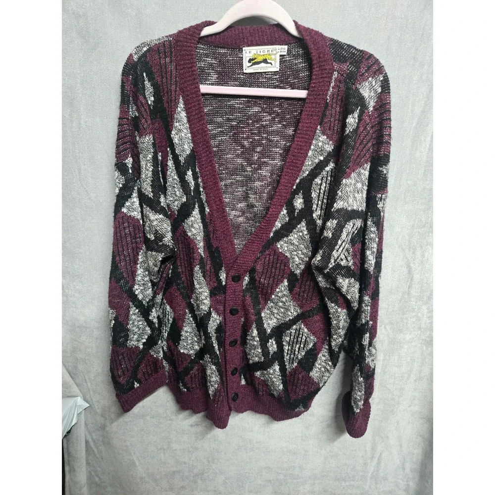 Le Tigre Vintage Mens Big Man Geometric Cardigan Sweater Burgundy Black 1X USA